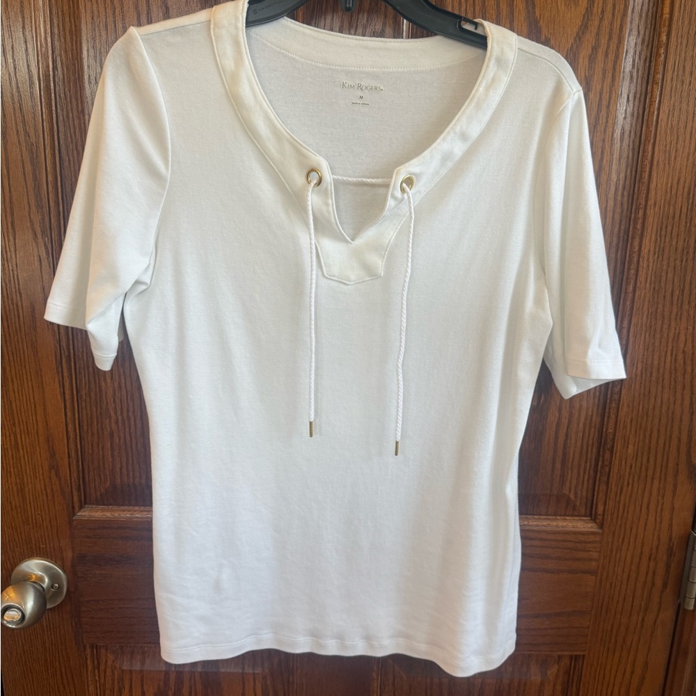 Kim Rogers Cream Short Sleeve Top with Lace-Up Neckline